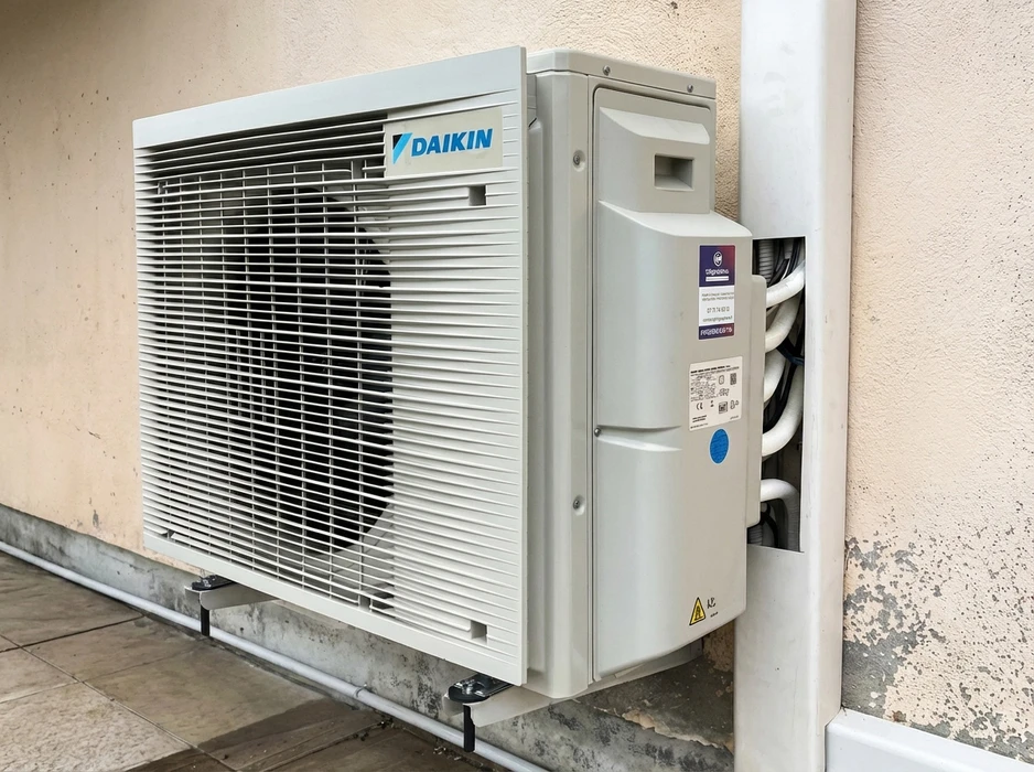 Unité extérieure de climatisation **Daikin** installée en façade extérieure, fixée au sol sur supports métalliques