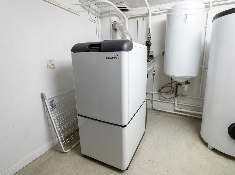 Un ballon thermodynamique blanc ou gris clair installé dans un local technique résidentiel, visible dans son contexte d'installation avec tuyauteries de raccordement, éventuellement accompagné d'indicateurs visuels subtils montrant la circulation thermique (vapeur ou condensation légère), illustrant une solution moderne et compacte de production d'eau chaude sanitaire.